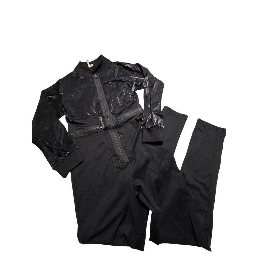 Hello Miss Black Metallic Mixed Media Zip Front Long Sleeve Jumpsuit Small